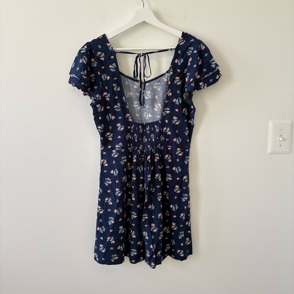 a.n.a Navy Floral Smocked Square Neck Mini Dress